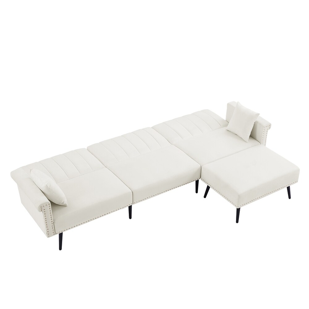 Velvet Upholstered L Shaped Sectional Sofa Convertible Sofa Bed with Nailhead Trim and Ottoman  Adjustable Backrest Positions