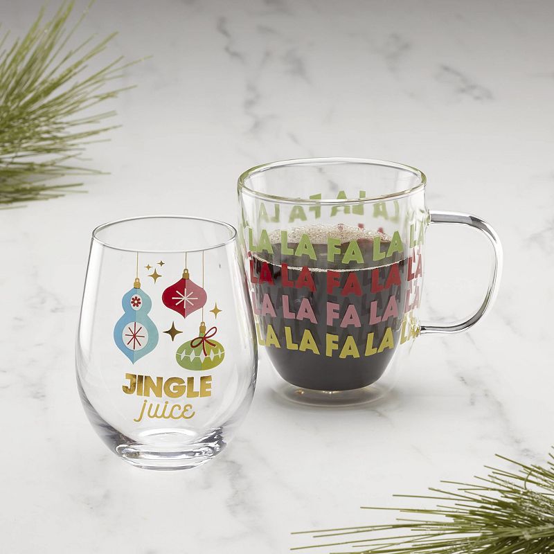 Cambridge Fa La La La 2-Piece Mug and Wine Glass Set