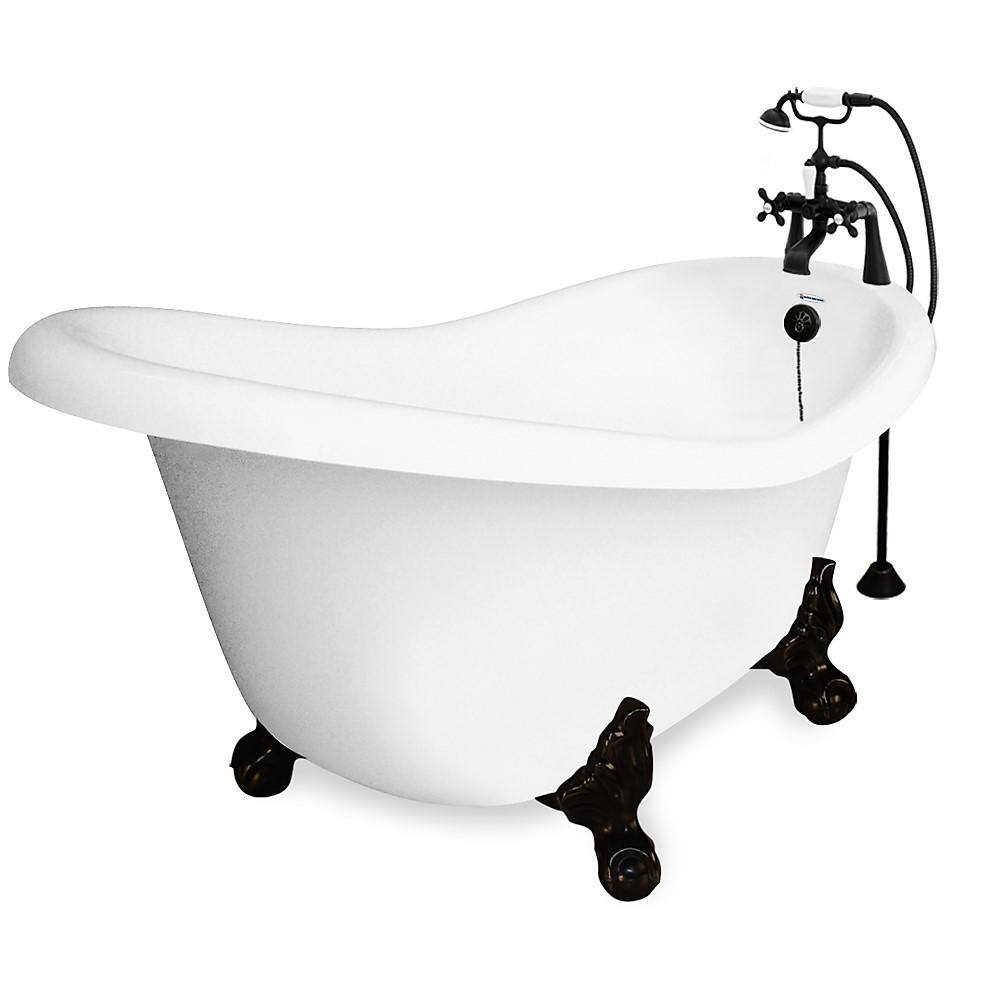 American Bath Factory 71 in. Acrylic Slipper Clawfoot Non-Whirlpool Bathtub in White w Large Ball Claw Feet Faucet in Old World Bronze BA-SLC71-900A-OB