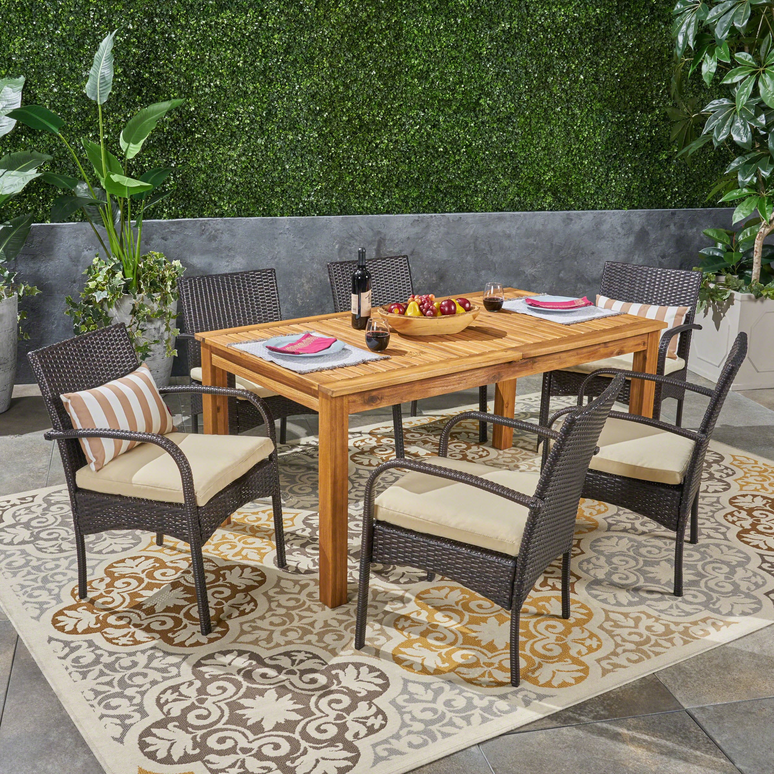 Elis Outdoor 7 Piece Wood and Wicker Expandable Dining Set