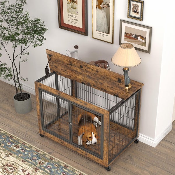 Side Table Dog Cage with Double Doors on Casters