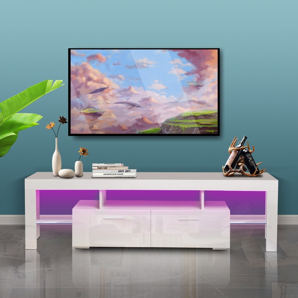 White morden TV Stand with LED Lights high glossy front TV Cabinet