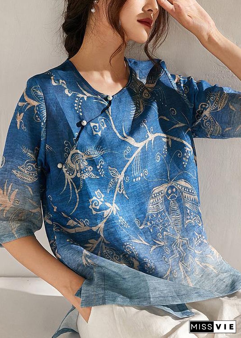 Italian Blue Print Oriental Summer Ramie Shirt Half Sleeve