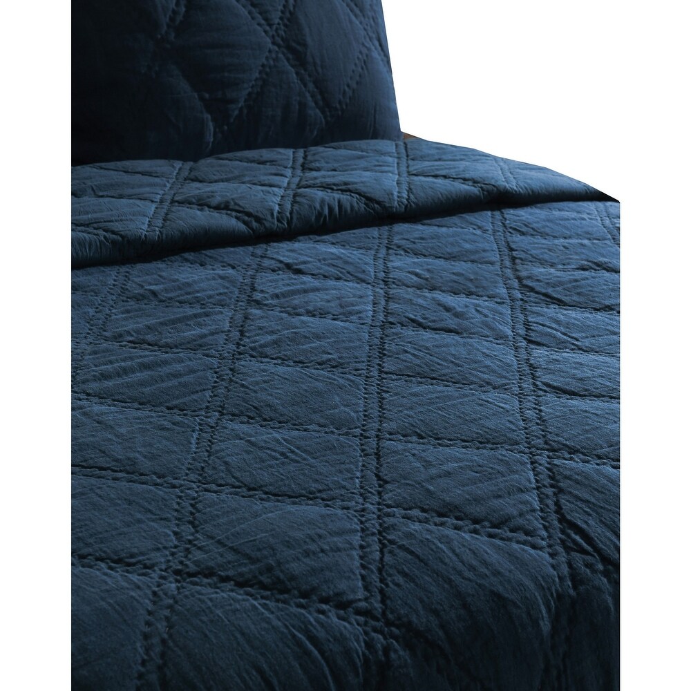 Hara Hand Quilted Flax Linen Quilt  Queen  Polyester Fill  Midnight Blue