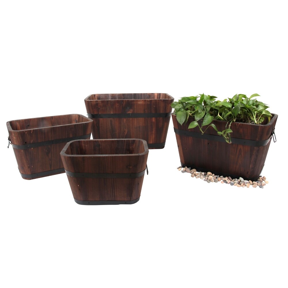 Set of 4 Barrel Style Rectangular Wooden Planters