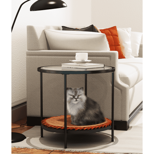 Swonuk coffee table share with pets（Provide pet mat）, Net cloth tempered glass tabletop coffee table,multi-function easy assembly minimalist creative metal tea table,cat and dog kennel/appliance