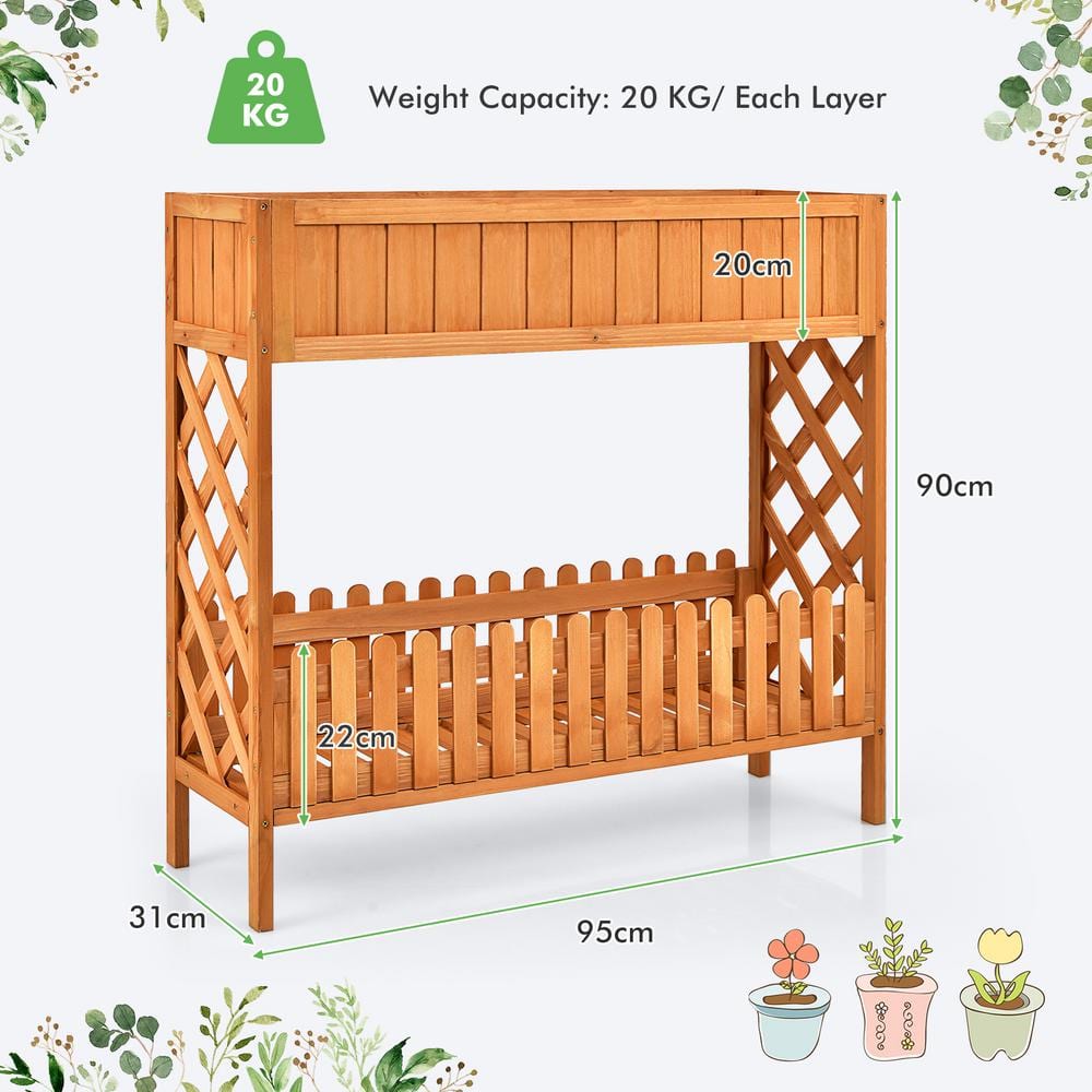 HONEY JOY Outdoor 2-Tier 35.5 in. H Natural Wood Planter Raised Garden Bed Elevated Planter Box Kit with Liner and Shelf TOPB005758