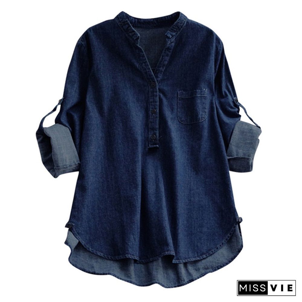 Denim Blue Shirt Women Long Sleeve V Neck Long Adjustable Sleeve Buttons Dip Hem Jeans Shirts Tops