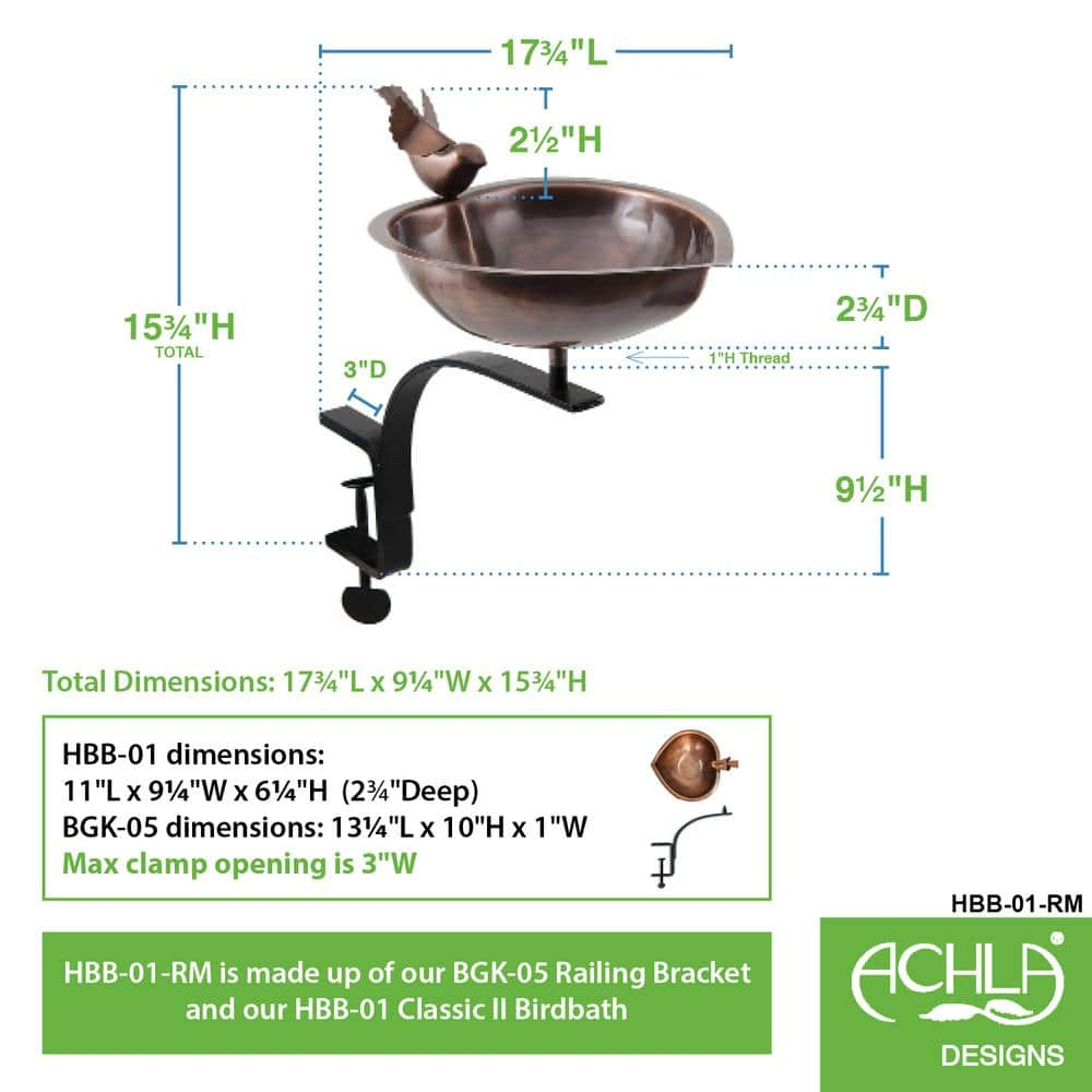 Achla Designs 9 in. Dia Antique Copper Heart Shaped Birdbath Bowl with Rail Mount Bracket HBB-01-RM