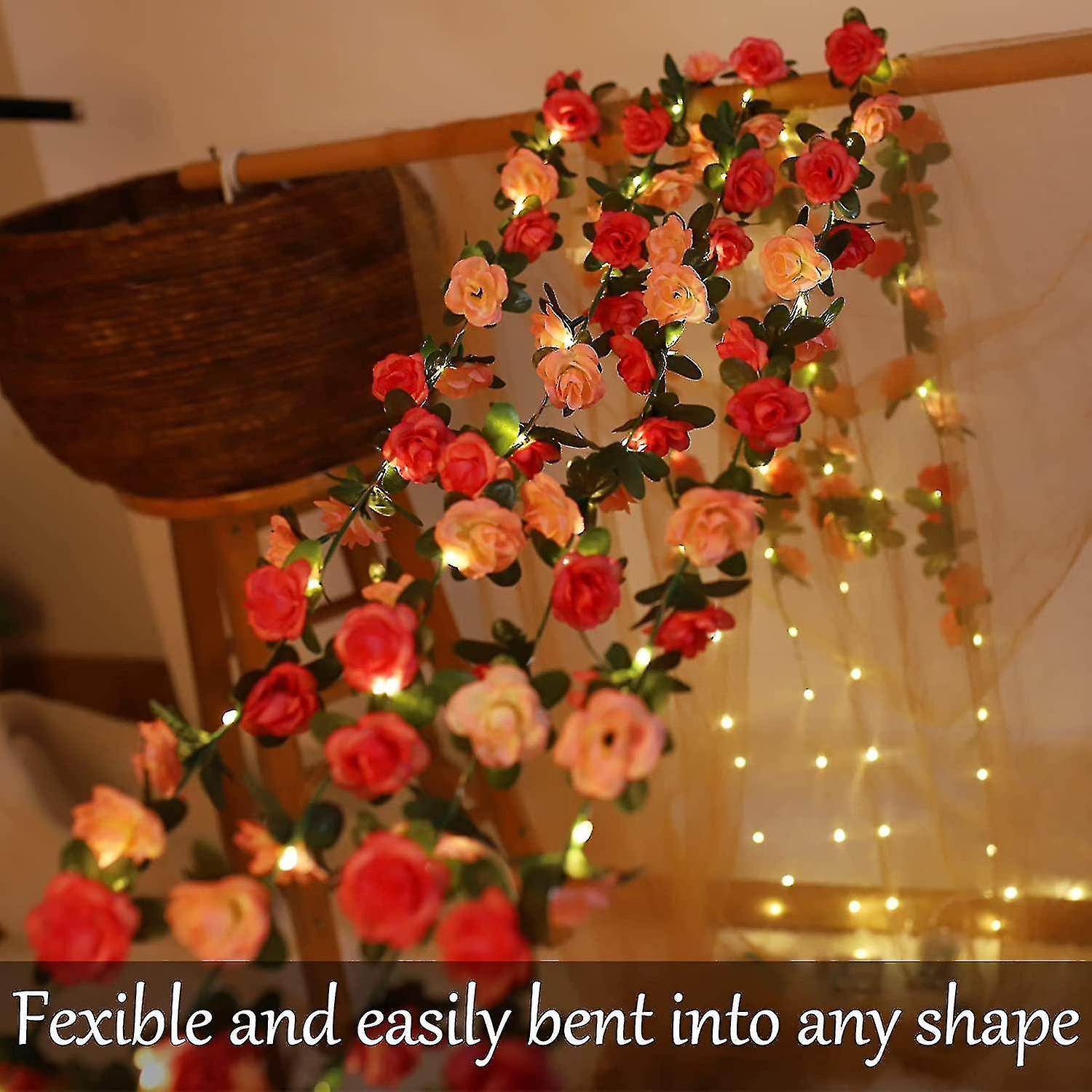 30led Artificial Flower Rose String Lights， 2.5m Battery Operated Rose Flower Garland Fairy Lights F