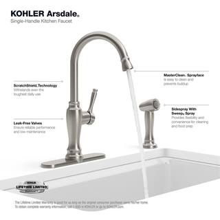 KOHLER Arsdale Single-Handle Standard Kitchen Faucet with Swing Spout and Sidespray in Vibrant Stainless K-R24213-VS