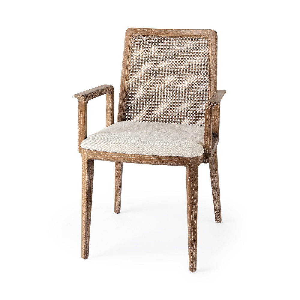 Clara Cream Fabric Seat with Cane Back and Light Brown Solid Wood Frame Dining Chair