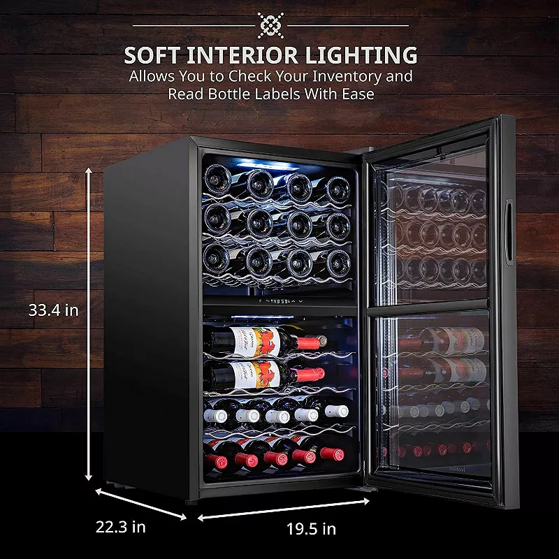 Ivation 43-Bottle Dual Zone Wine Cooler， Freestanding Wine Fridge with Lock