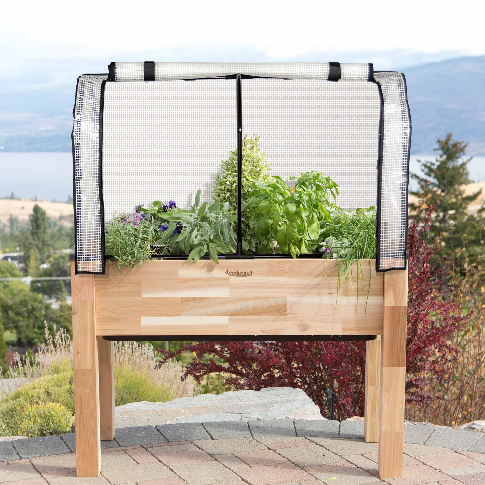 CedarCraft Self-Watering Elevated Cedar Garden Planter w/ Greenhouse Cover