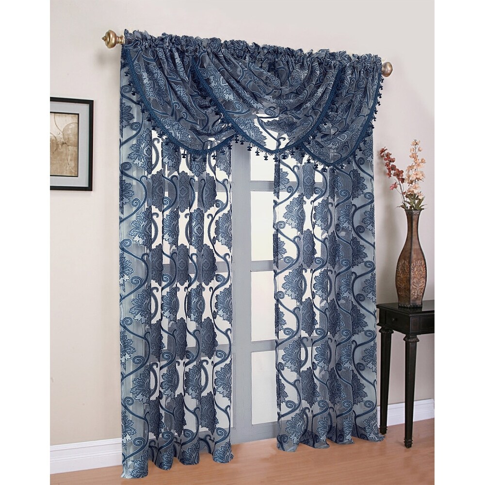 Milawi Jacquard Sheer Rod Pocket Panel And Valance Treatments  Navy