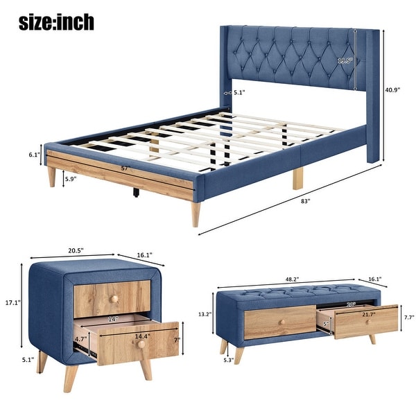 4-Pieces Bedroom Sets Queen/Full Size Upholstered Platform Bed with 2 Nightstands and Storage Bench - - 36612709