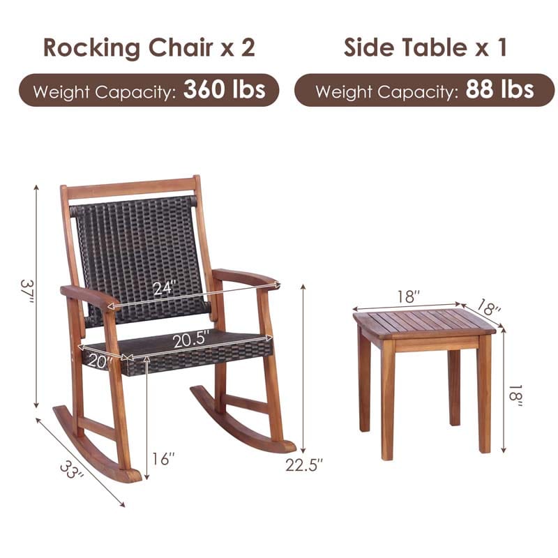 3 Pcs Acacia Wood Patio Rocking Chair Set with Side Table, Rattan Wicker Outdoor Rocking Bistro Set