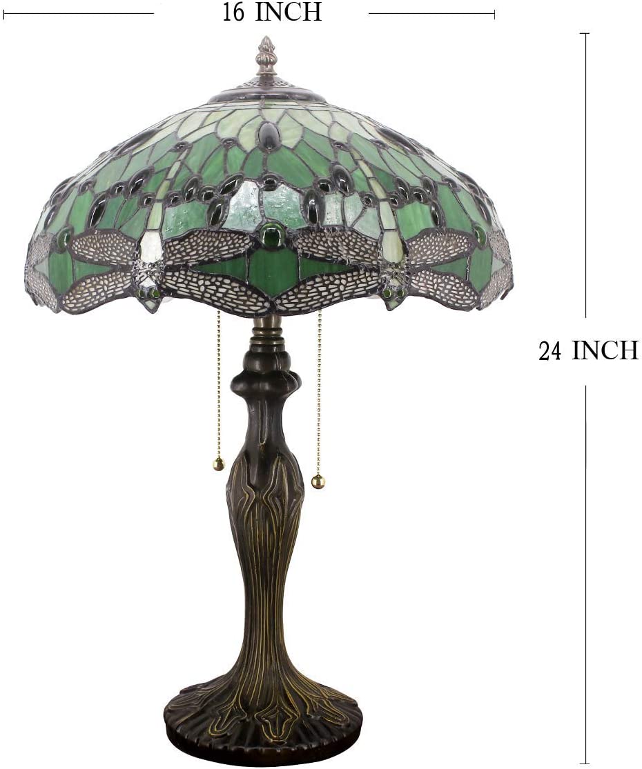 Tiffany Style Table Lamp Green Stained Glass Dragonfly Bedside Lamp 16X16X24 Inch Desk Reading Light Metal Base Decor Bedroom Living Room Home Office S459 Series