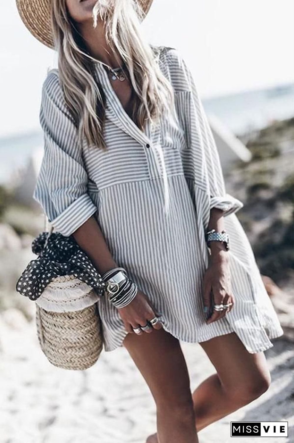 Striped Long Sleeve Tunic Blouses