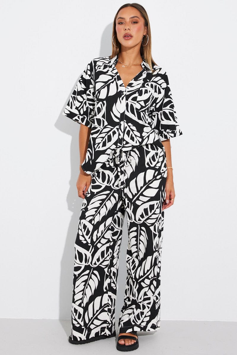 Black Abstract Wide Leg Pants Mid Rise
