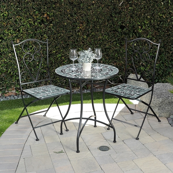 Alpine Corporation Indoor/Outdoor Marbled Glass Mosaic 3Piece Bistro Set Folding Table and Chairs Patio Seating