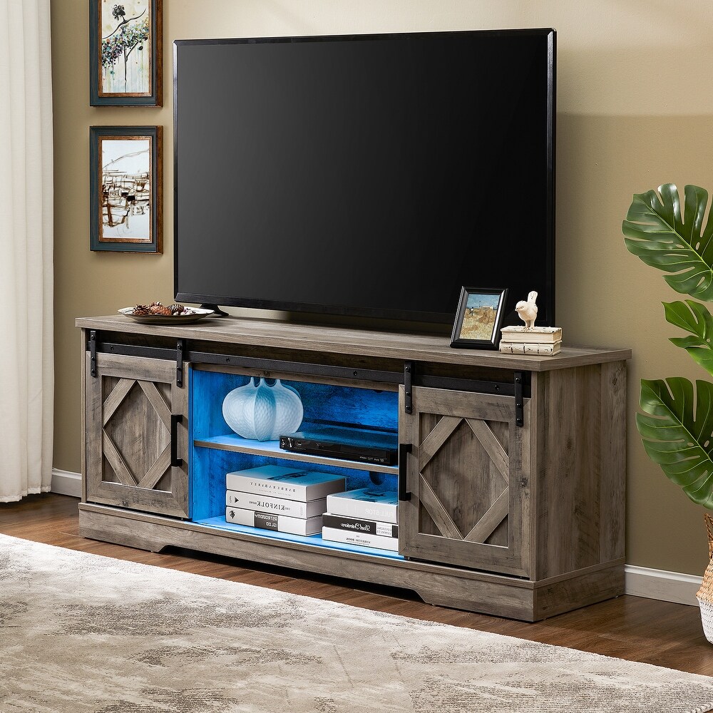 Farmhouse Sliding Barn Door TV Stand Rustic Gray for TVs up to 65\