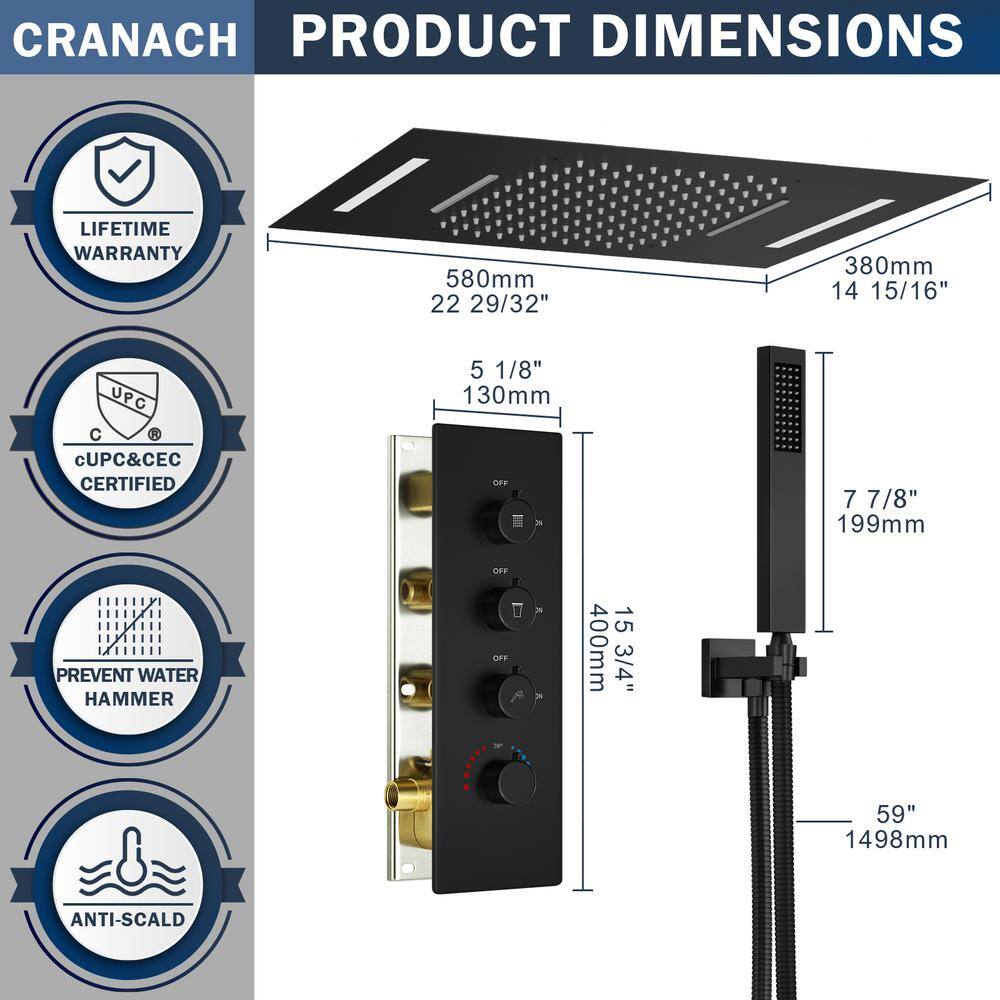 CRANACH Thermostatic 7-Spray Dual Shower Head Ceiling Mount and Handheld Shower Head 2.5 GPM in Matte Black SRSFS-1024-BK