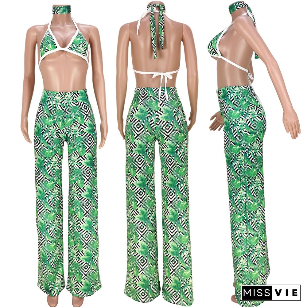 Fashion Printed Wide Leg Pants Casual Three-piece Set (Including Bandana)