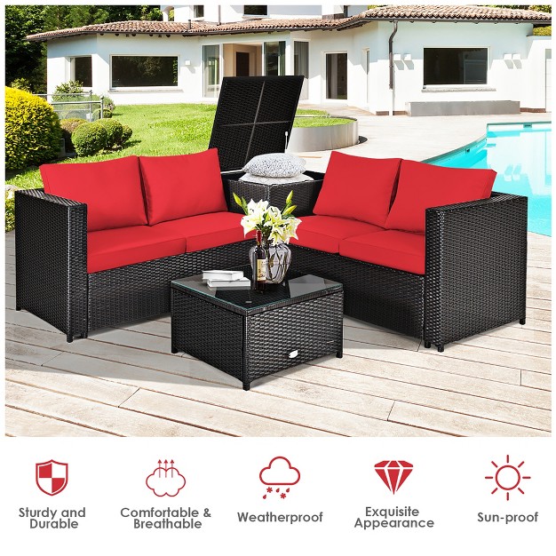 Costway 8pcs Outdoor Patio Rattan Furniture Set Cushioned Loveseat Storage Table Red navy