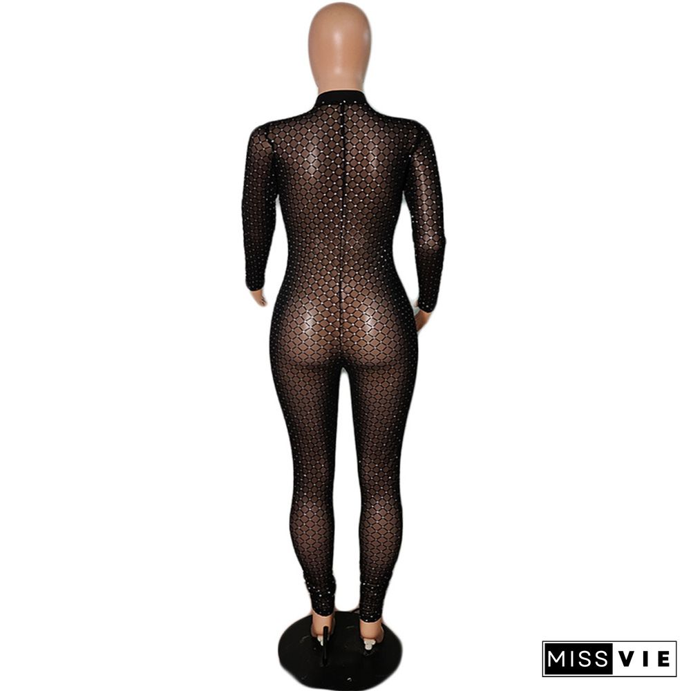 Long Sleeve Bodycon Mesh Flocking Jumpsuit