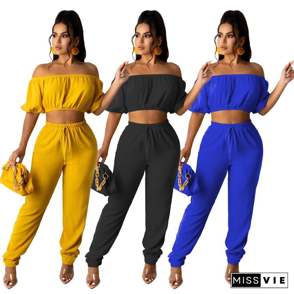 Sexy Solid Color High Elastic Off Shoulder Short Sleeve Crop Top Drawstring Long Pants Women 2 Piece Set