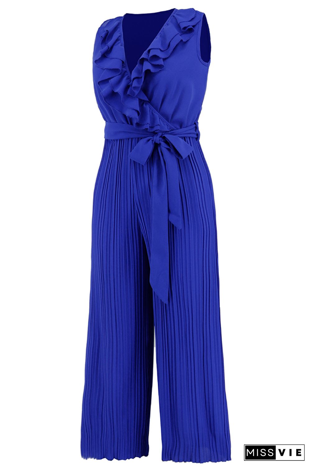 V Neck Ruffles Pleated Sleeveless Jumpsuit