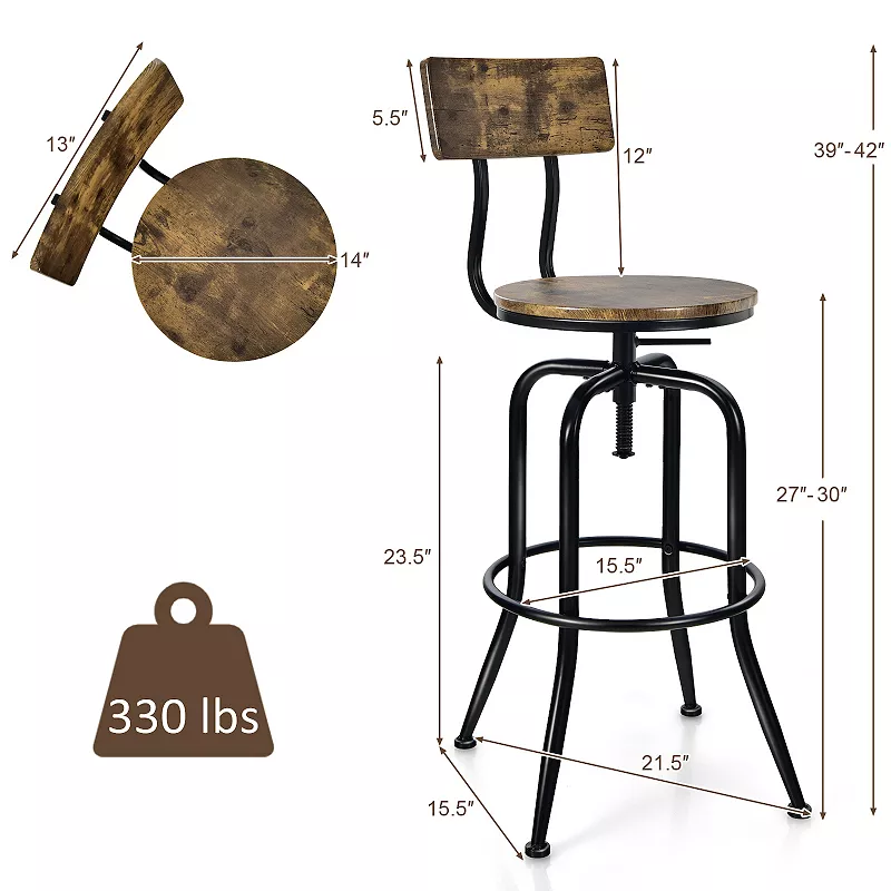 Adjustable Swivel Counter-Height Stool with Arc-Shaped Backrest-Rustic Brown