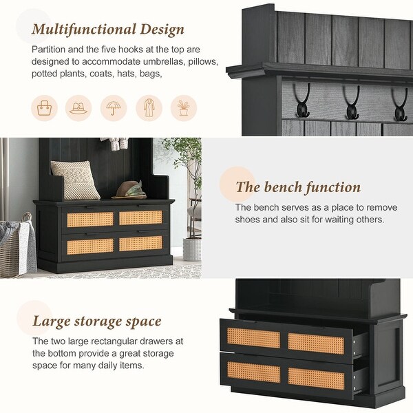 Wooden Hallway Organizer with Storage Bench and Metal Drawer Handles - - 37938191