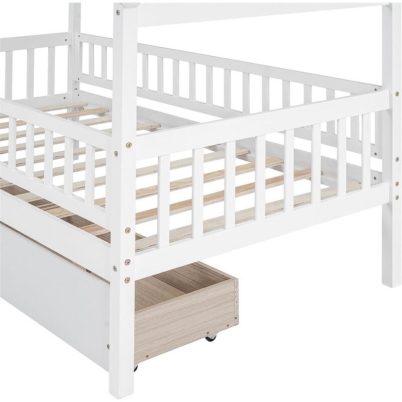 Twin House Bed with 2 Storage Drawers Rails and Roof for Kids