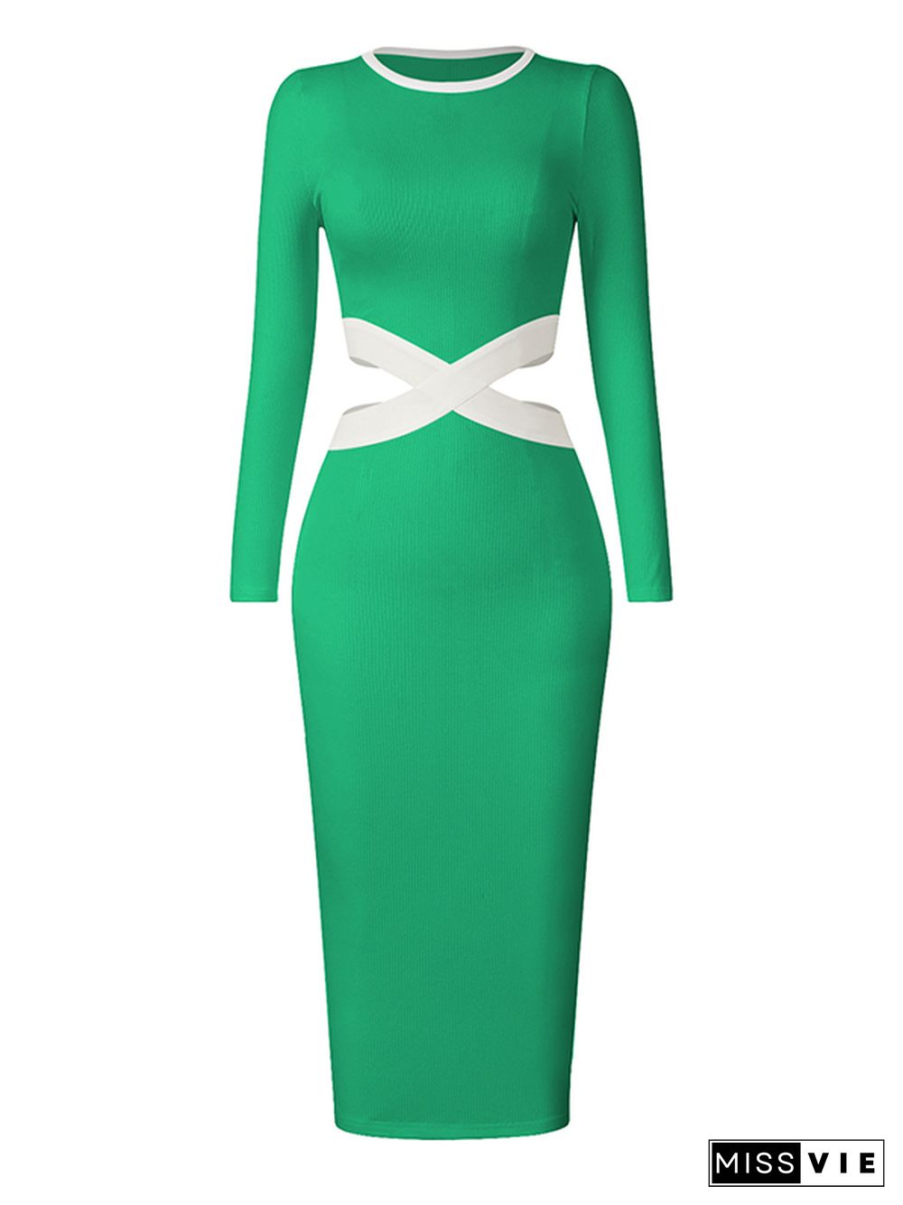 High Waisted Long Sleeves Hollow Round-Neck Midi Dresses