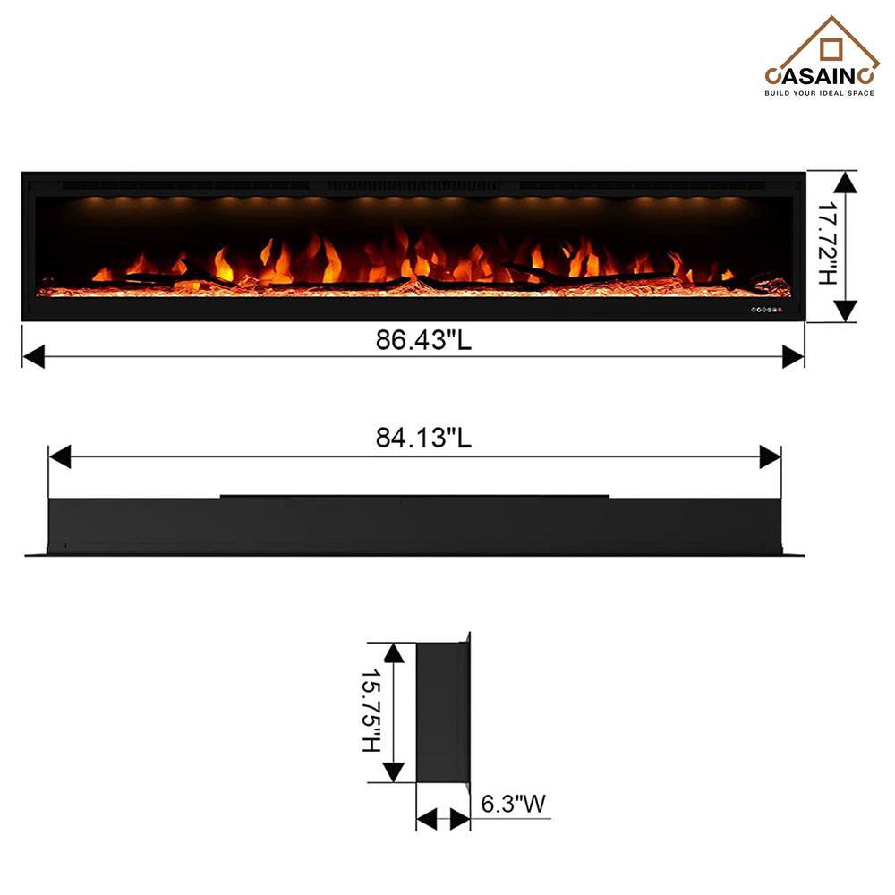 CASAINC 86 in. Wall-Mounted and Recessed Electric Fireplace in Black CA-BI84