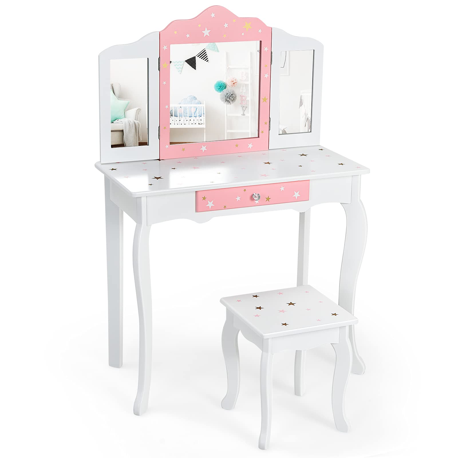 Costzon Kids Vanity Set with Mirror, 2 in 1 Princess Makeup Dressing Table w/Detachable Top