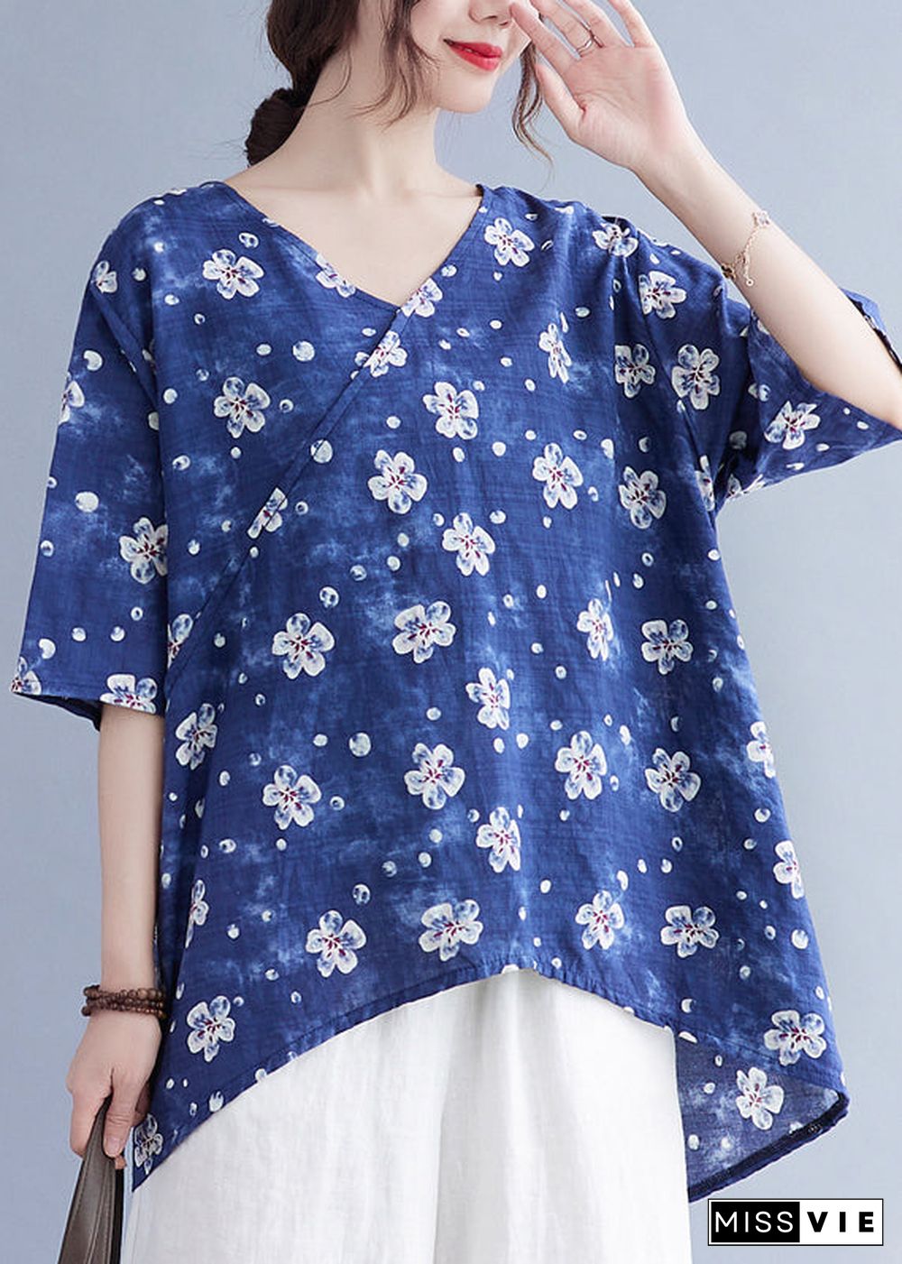 Women Blue Oversized Print Low High Design Linen Tank Tops Summer