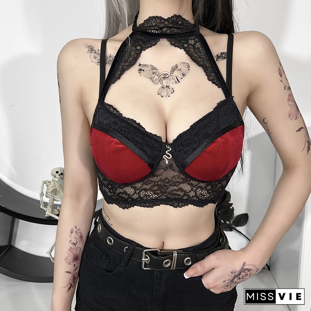 Black Lace Red Camisoles Corset Halter Crop Tops For Women Y2K Punk Bras For Sexy Women Coquette Aesthetic Backless Streetwear