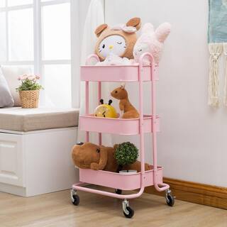 Huluwat 3-Tier Metal 4-Wheeled Shelves Storage Drawer Cart in Pink RY-TC-USBO4505