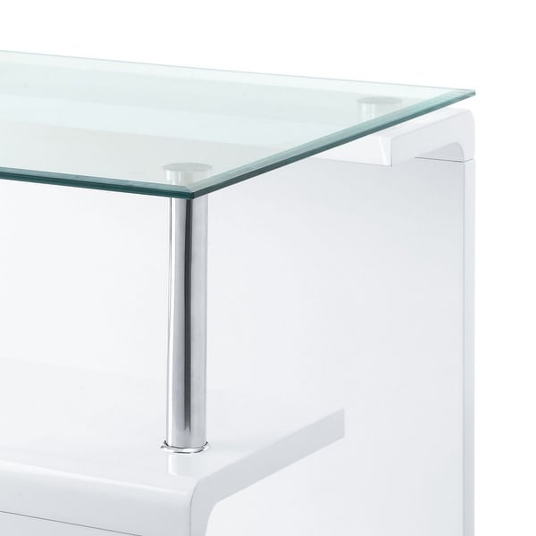 24 Inch Square Accent End Table， Glass Top， Open Shelf， White， Chrome