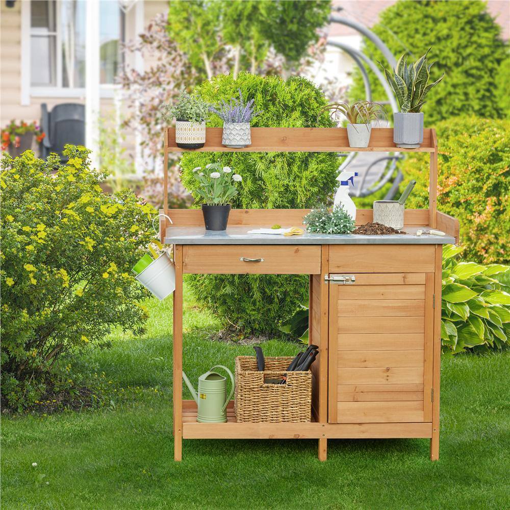 Yaheetech Outdoor Garden Potting Bench Table with Metal Tabletop Cabinet Drawer and Open Shelf DYqgk90001