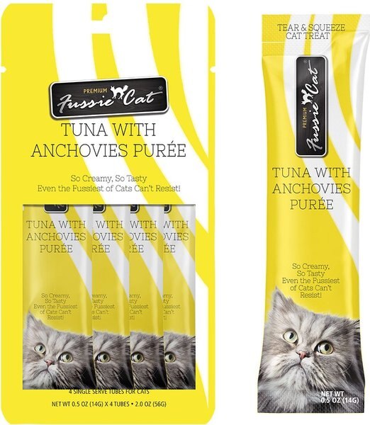 Fussie Cat Tuna Anchovies Puree Lickable Cat Treats， 2-oz pouch