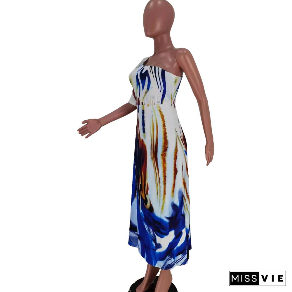 Summer Fashion Women Print Skew Shoulder Short Sleeve Loose Fit Beach Party Long Maxi Dress