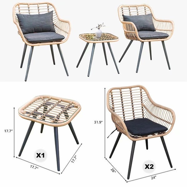 3-Piece Cushioned Bistro Set Patio Wicker Chair and Side Table - Overstock - 33999428