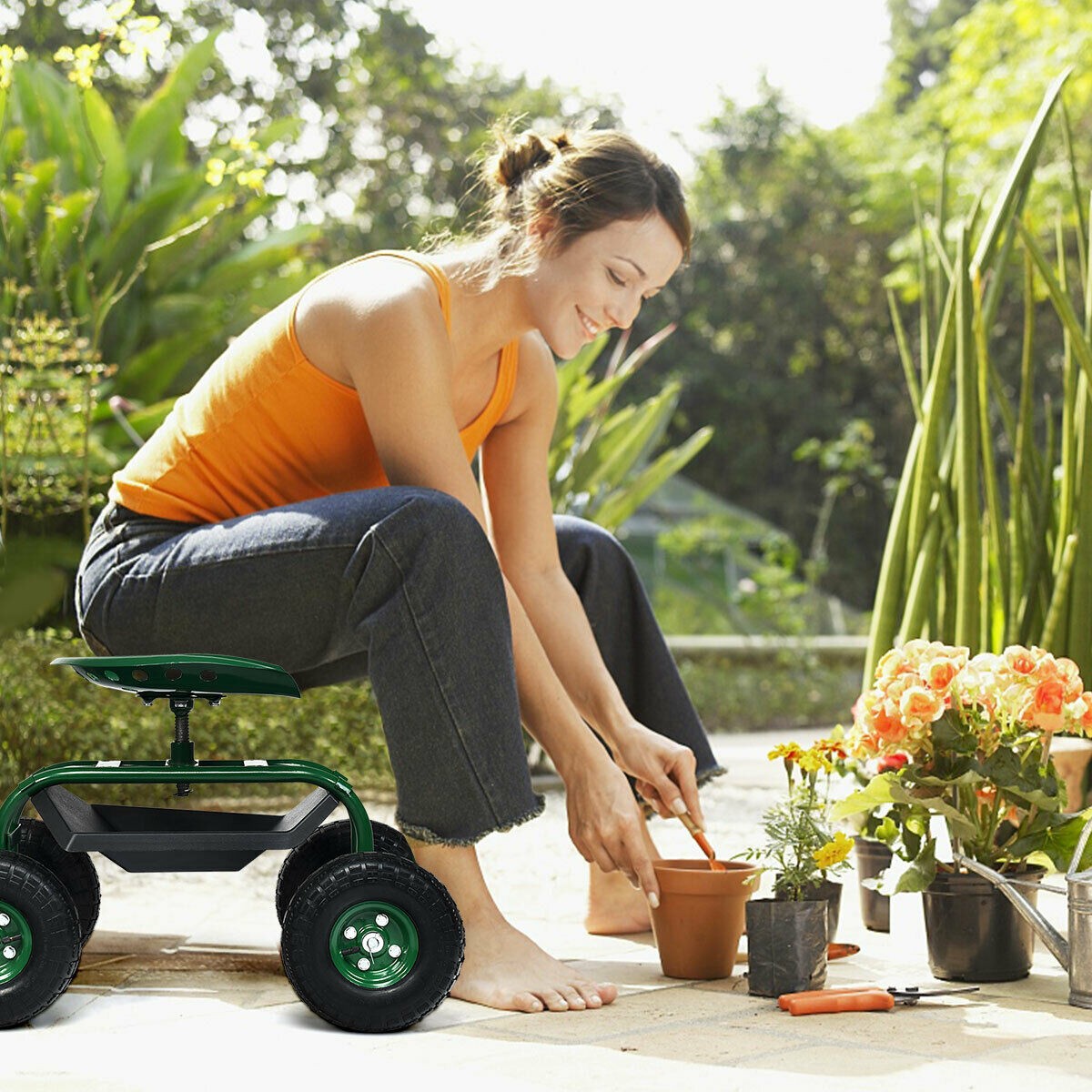 Heavy Duty Rolling Garden Cart with 360 Swivel Seat & Extendable Steer Handle