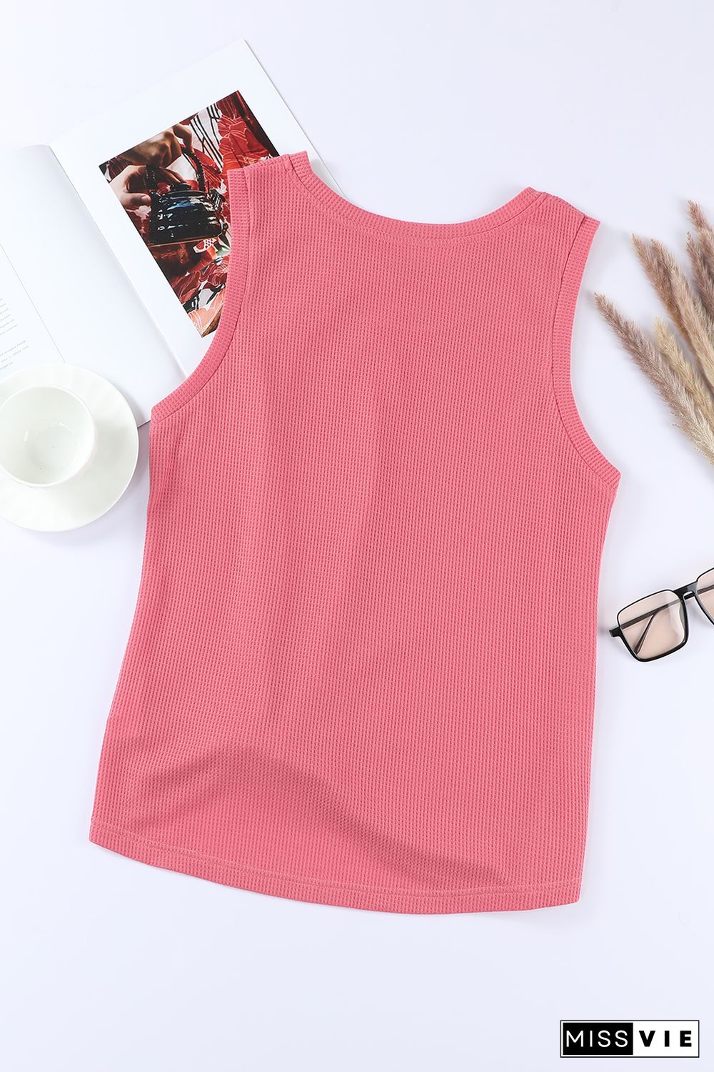 Red Twist Knot Waffle Knit Tank Top