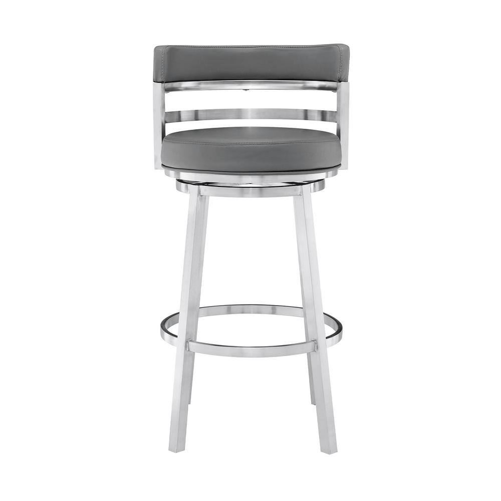 Armen Living Madrid Contemporary 30 in. Bar Height Bar Stool in Brushed Stainless Steel and Grey Faux Leather LCMABABSGR30