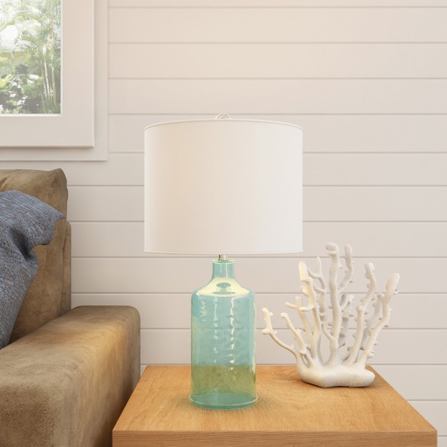 Hastings Home Blue Glass Open Base Table Lamp With Led Bulb And Modern Shade For Coastal Nautical And Rustic Cottage Styles